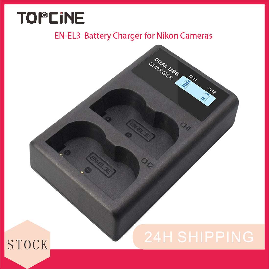 Topcine Dual Slot EN-EL3 Battery Charger, ENEL3 Fast Charger Compatible for Nikon EN EL3e, EL3, EL3a, D700, D300s, D300, D200, D100, D90, D80, D70s, D70, D50, MH-18, MH-18a, MH-19, MB-D200, MB-D10 & More  TOPCINE   