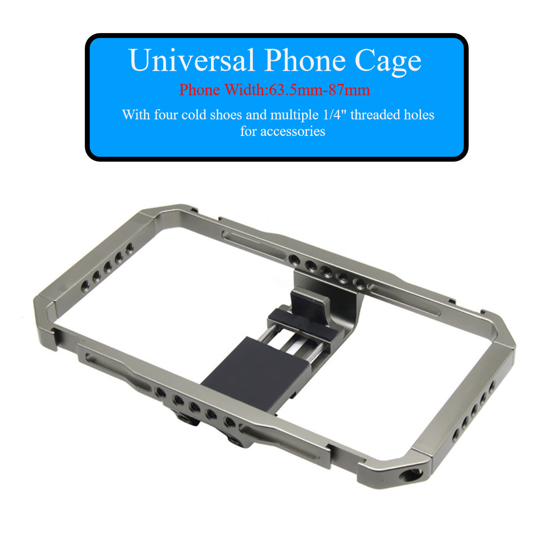 Topcine Universal Phone Metal Cage with 4 Cold Shoes and Multiple 1/4" Threaded Holes for Attaching Led Light, Microphone, Monitor