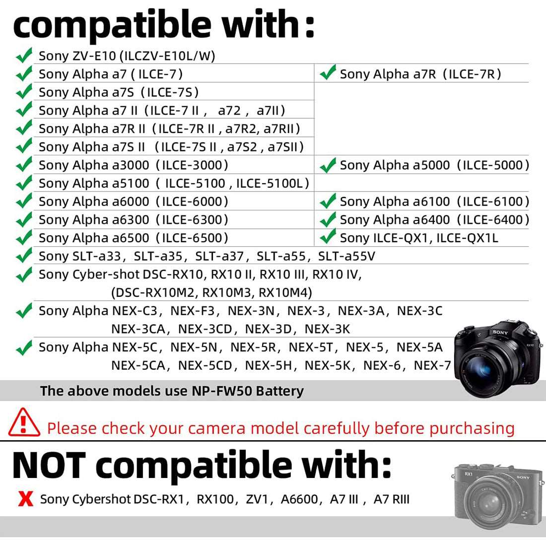 Topcine AC-PW20 AC Power Adapter NP-FW50 Dummy Battery for Sony A7II A7S2 A7M2 A7R2 A6500 A6400 A6300 A6100 A6000 NEX5 NEX7 A35 A37 A55 ZV-E10 Cameras  TOPCINE   