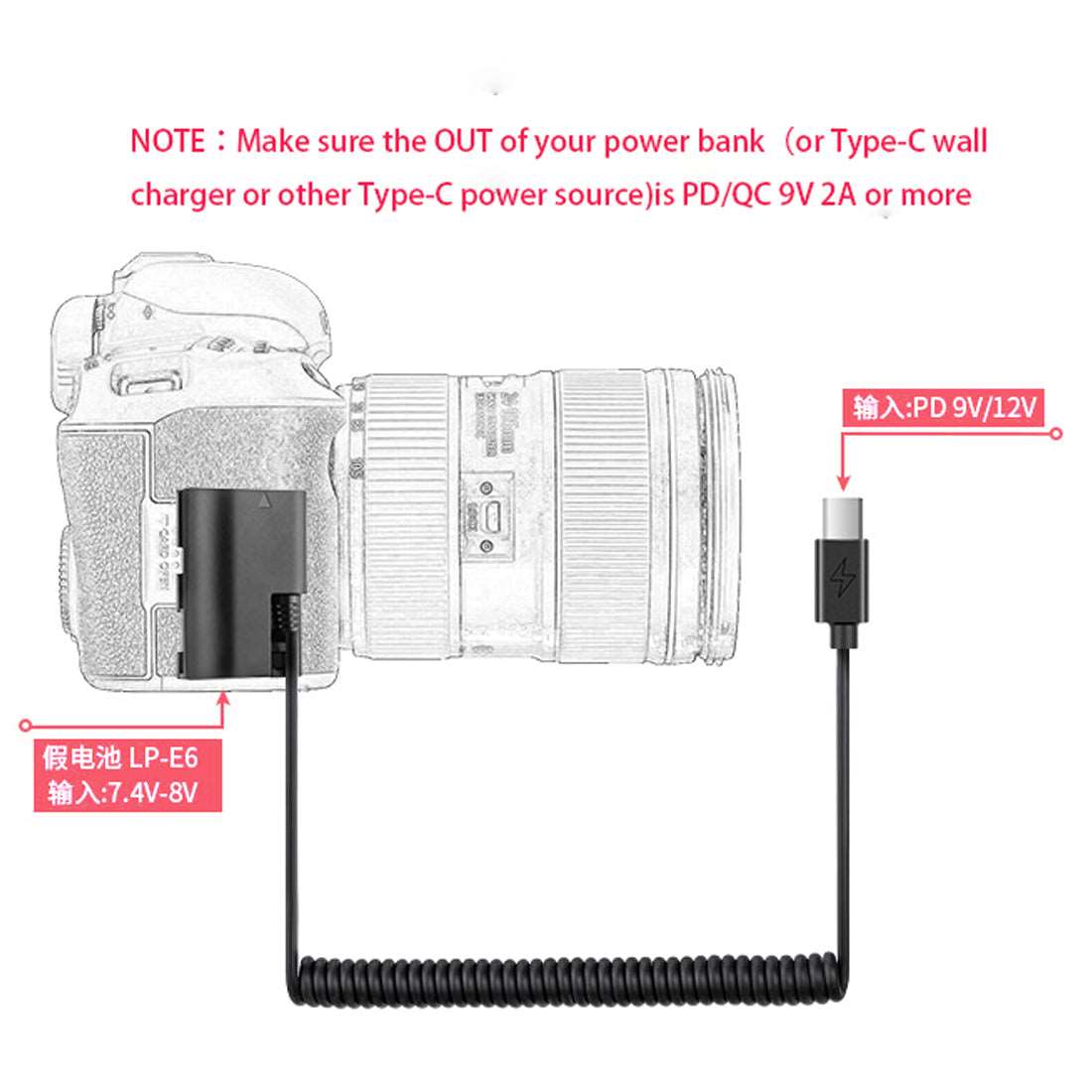 Topcine LP-E6 Dummy Battery with USB-C(Type-C) PD Power Adapter Coiled Cable for Canon EOS 5DMark II 5DMark III 5DMark IV 6D 60D 6DMark II 7DMark II 70D 80D 90D 5DSR EOS R R5 R6 Cameras  TOPCINE   