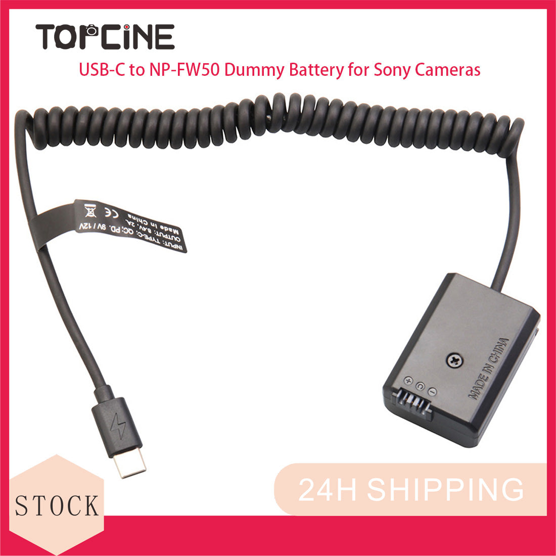 Topcine NP-FW50 Dummy Battery with USB-C(Type-C) PD Power Adapter Coiled Cable for Sony A7、A7R A7S A7M A7R2 A6500 A6400 A6300、A5100 A5000 A3000 ZV-E10 RX10 NEX3/5/7 A55Cameras  TOPCINE   