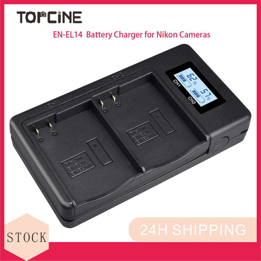 Topcine Dual Slot EN-EL14 Battery Charger, ENEL14 Fast Charger Compatible with Nikon D3100 D3200 D3300 D3400 D3500 D5100 D5200 D5300 D5500 D5600 DF Coolpix P7000 P7100 P7700 P7800 DSLR Cameras and more  TOPCINE   