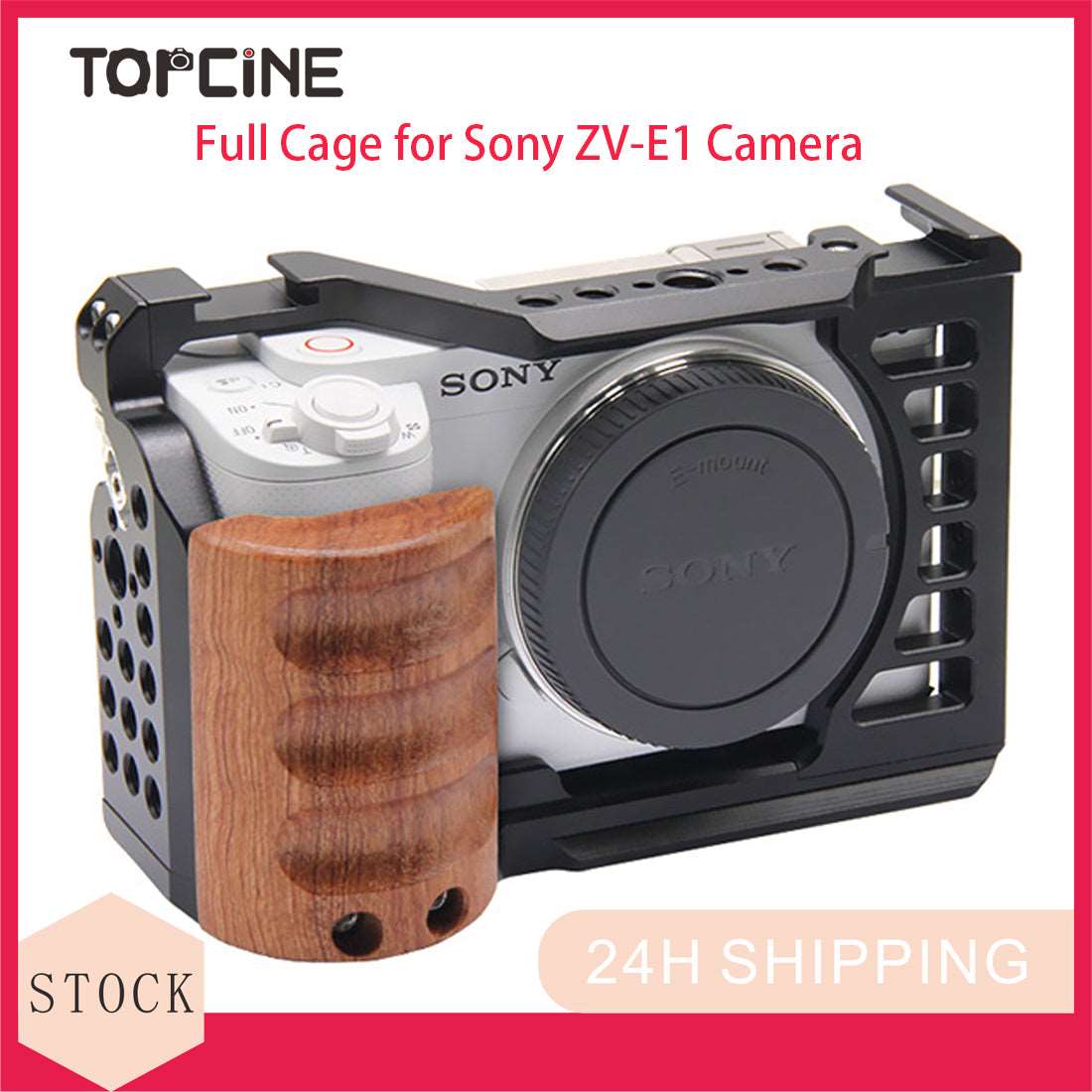 Topcine Metal Cage with Wood Handle for Sony ZV-E1 Camera,with Multiple 1/4 Threaded Holes ARRI Positioning Points and Cold Shoes Mounts  TOPCINE   