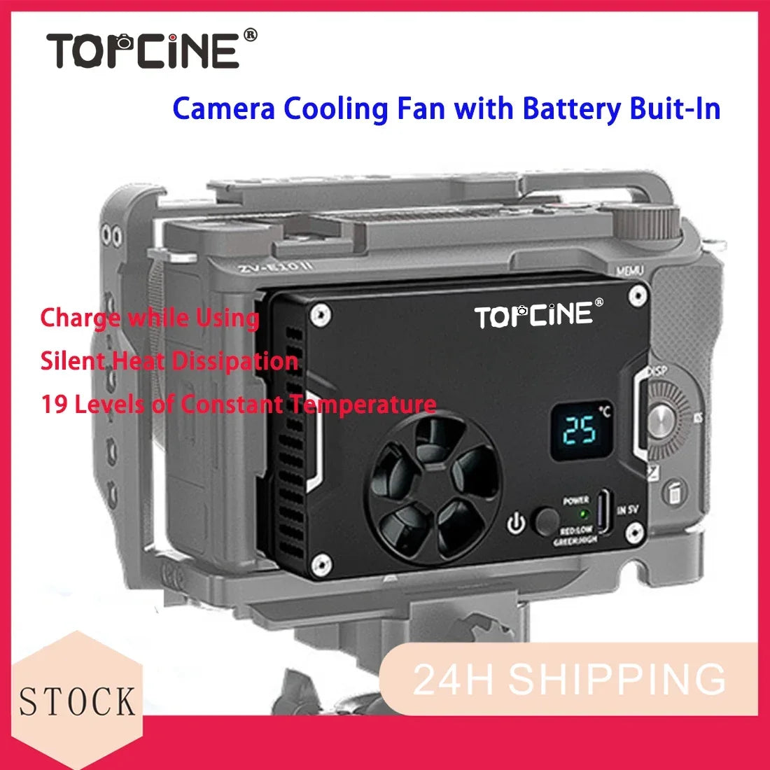 Topcine Camera Cooling Fan with Built-In 3200 mAh Lithium Battery for Sony A7S3 /ZVE1/ Canon R8 RP,19 Levels Temperature Control