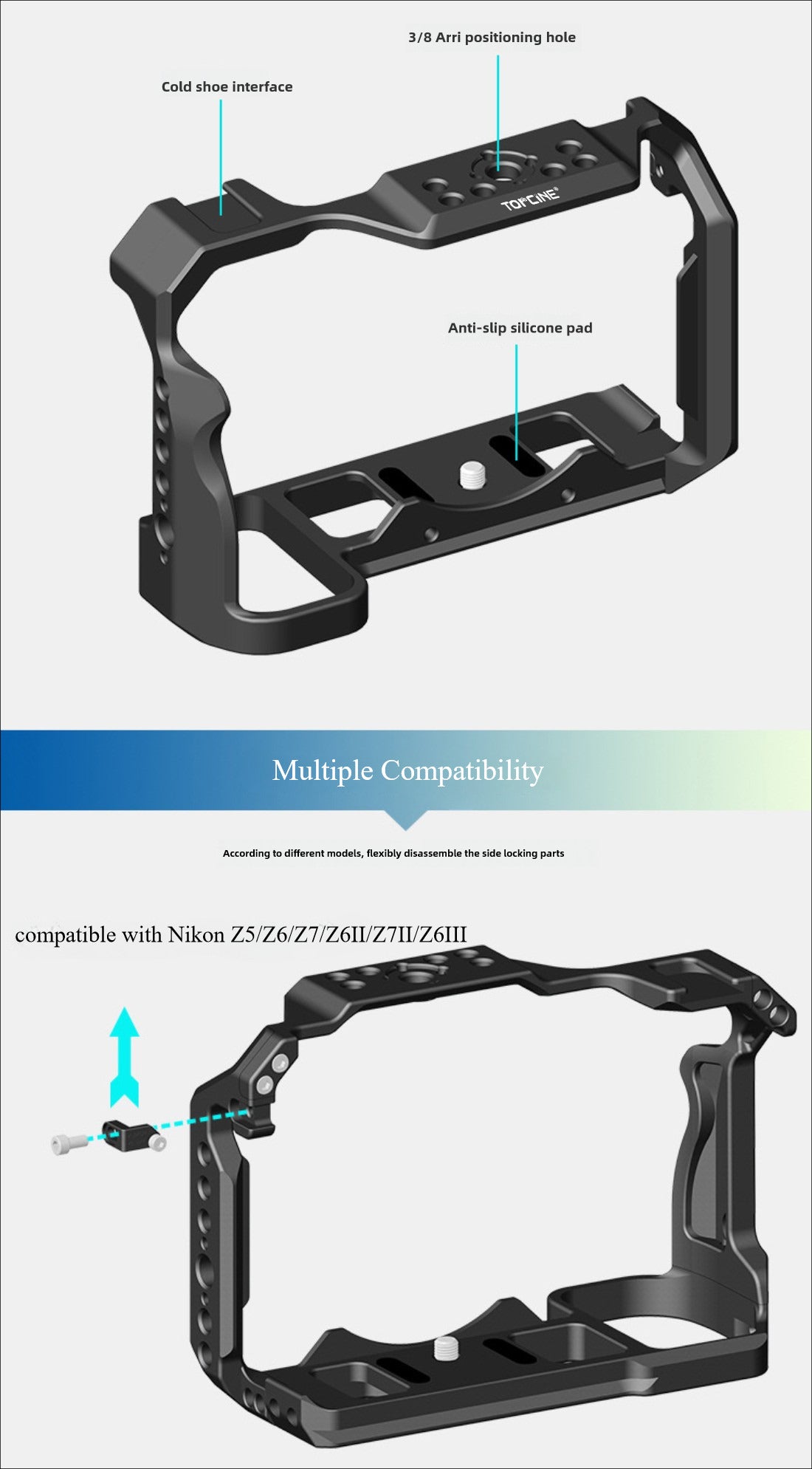 Z6III Camera Cage Compatible for Nikon Z6III/Z5/Z6/Z7/Z6II/Z7II Cage with Builin Arca Plate Cole Shoe Mount Multiple 1/4 3/8 Threaded Holes