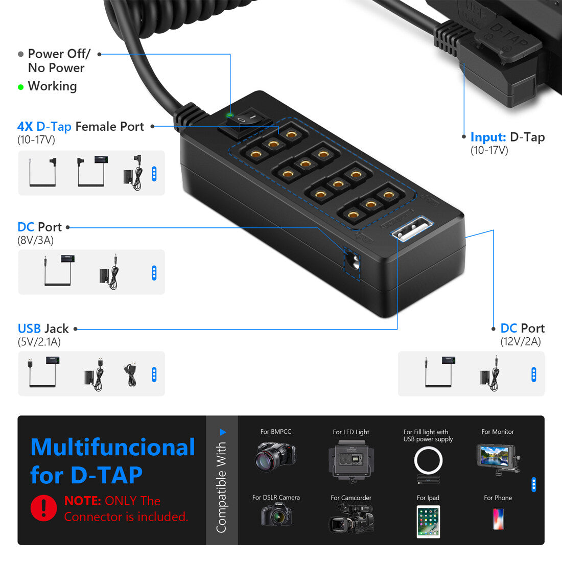 TOPCINE Multifunctional D-Tap Male Port To 4-D-Tap Female Port Coiled Splitter Cable with Power Switch D-tap for V-Mount V-Lock, Gold Mount Battery to 3P x 4 Female Port & USB for LCD Monitor, LED Video Light, BMPCC 4K 6K, ARRI RED Camera and Smartphone  TOPCINE   