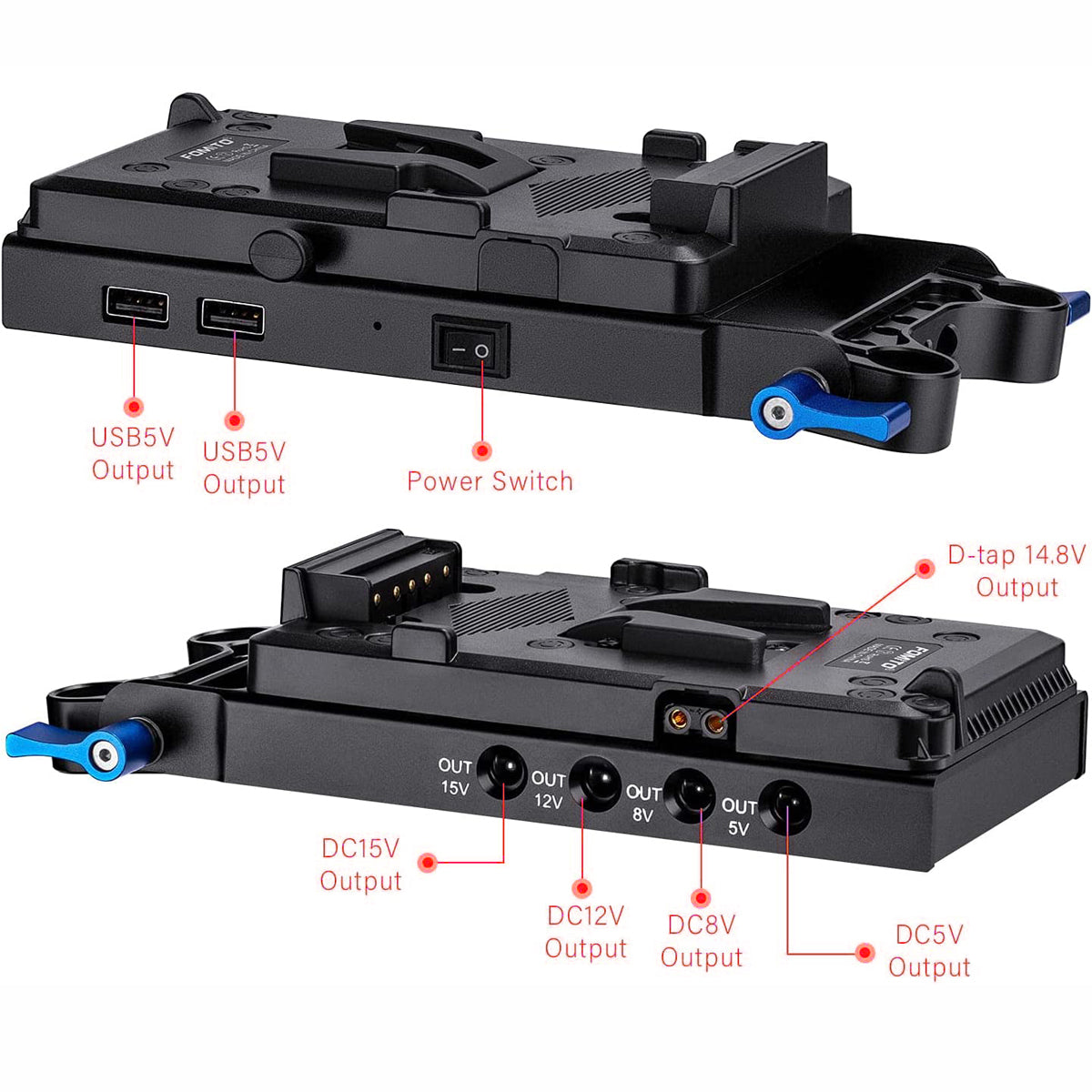 Topcine V-Mount Lock Battery Plate Power Supply Splitter Adapter with 15mm Rod Clamp,with D-Tap、DC and USB Output camera battery charger TOPCINE   