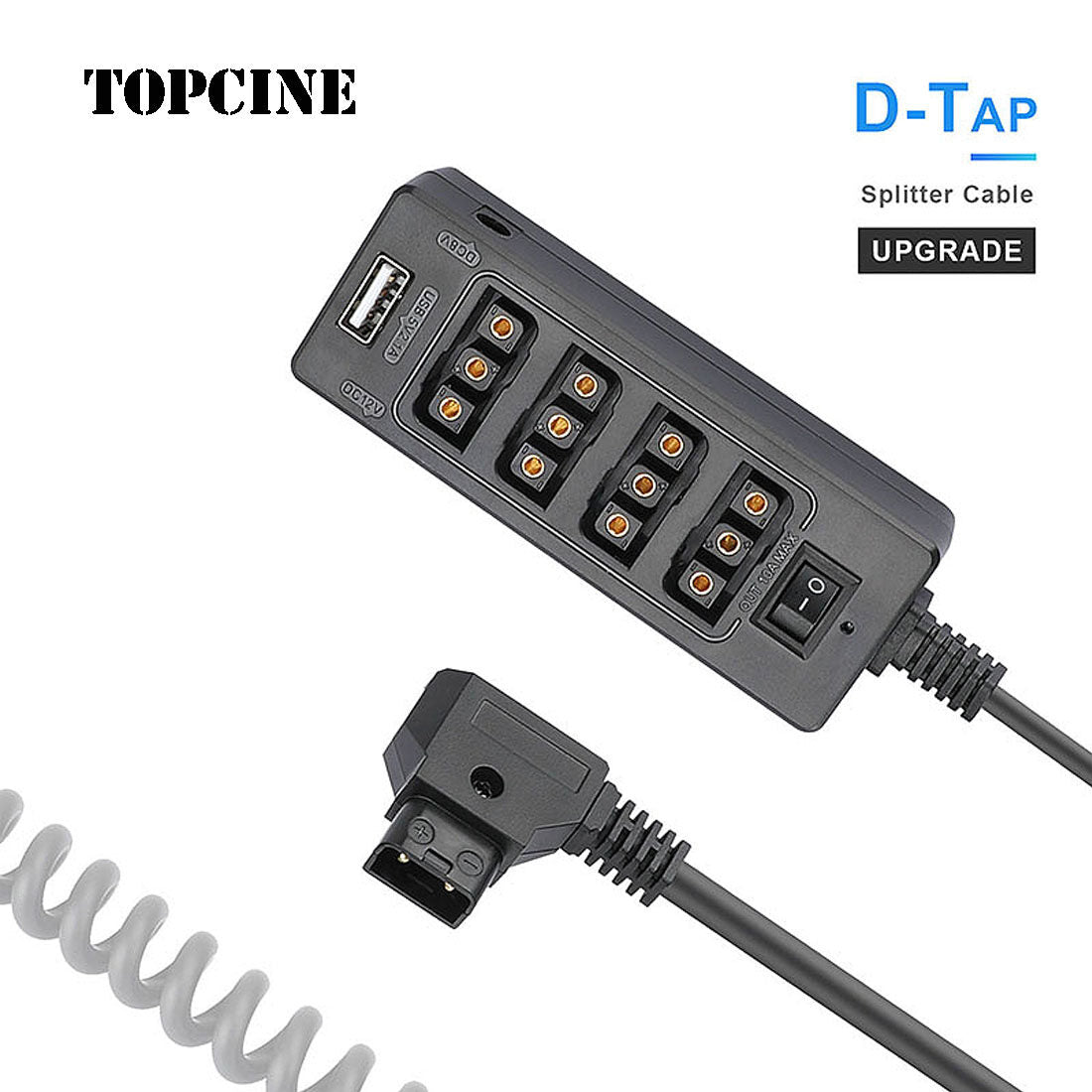 TOPCINE Multifunctional D-Tap Male Port To 4-D-Tap Female Port Coiled Splitter Cable with Power Switch D-tap for V-Mount V-Lock, Gold Mount Battery to 3P x 4 Female Port & USB for LCD Monitor, LED Video Light, BMPCC 4K 6K, ARRI RED Camera and Smartphone  TOPCINE With 8V 12V DC port  