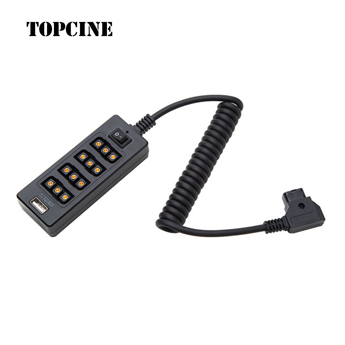 TOPCINE Multifunctional D-Tap Male Port To 4-D-Tap Female Port Coiled Splitter Cable with Power Switch D-tap for V-Mount V-Lock, Gold Mount Battery to 3P x 4 Female Port & USB for LCD Monitor, LED Video Light, BMPCC 4K 6K, ARRI RED Camera and Smartphone  TOPCINE Without 8V 12V DC port  